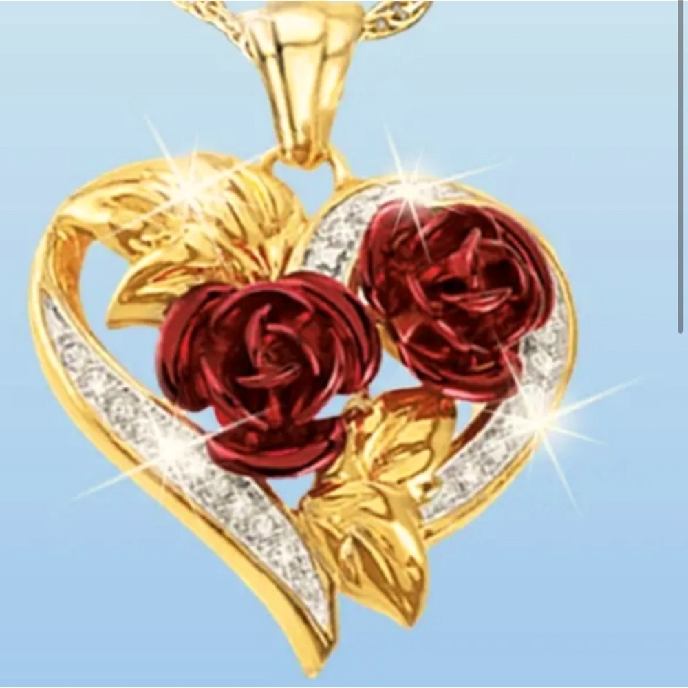 Gold Heart with Roses Pendant/Necklace and Earrings Set